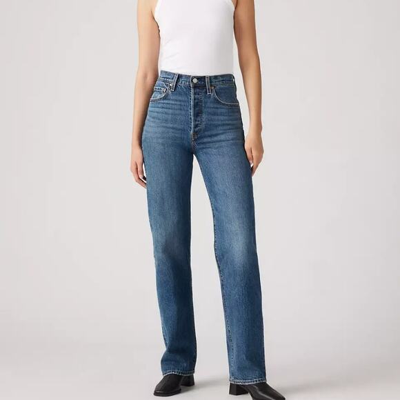 Levis NWT Ribcage Straight Full Length Jeans High Rise Blue Denim 28x32 Classic - Picture 1 of 15